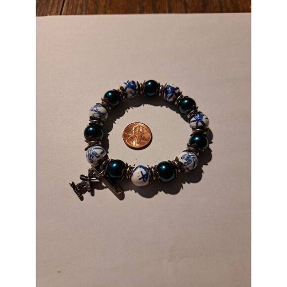 Vintage Holland Windmill Porcelain Bead Stretch Bracelet Blue White Silver - Picture 8 of 8
